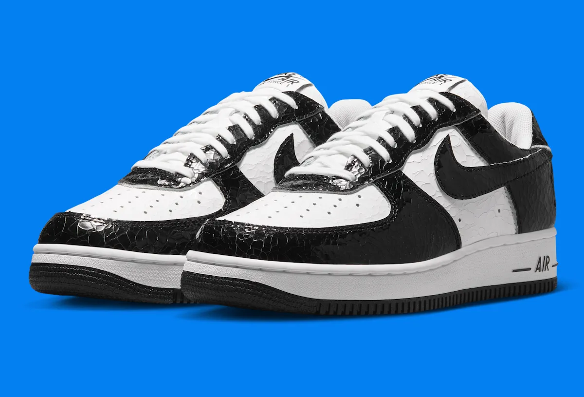 Nike AF1 01 Cracked Leather white base with black cracked overlays top view