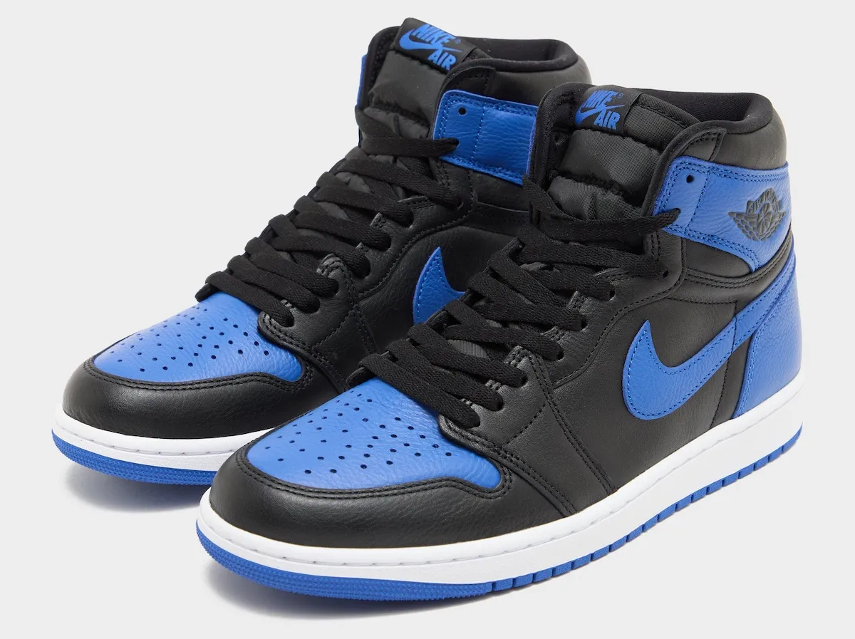 Air Jordan 1 High OG Royal 2026 detailed view of black and royal blue leather upper