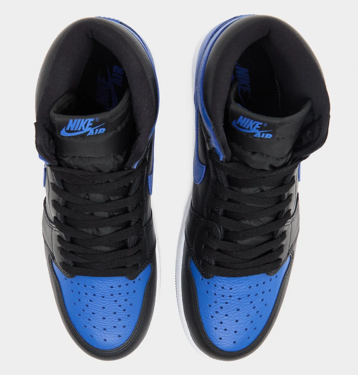Air Jordan 1 High OG Royal 2026 ankle and heel detail showing blue leather texture