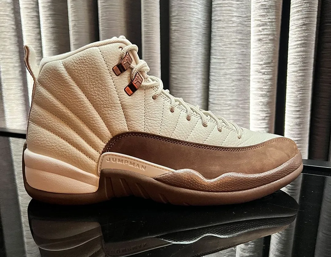 Air Jordan 12 Fireside detailed look at suede mudguard and cream upper