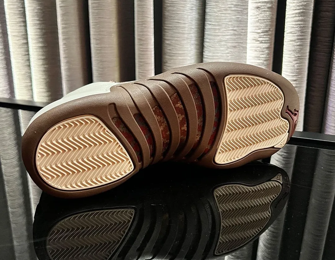 Air Jordan 12 Fireside full shoe on display showing translucent brown outsole