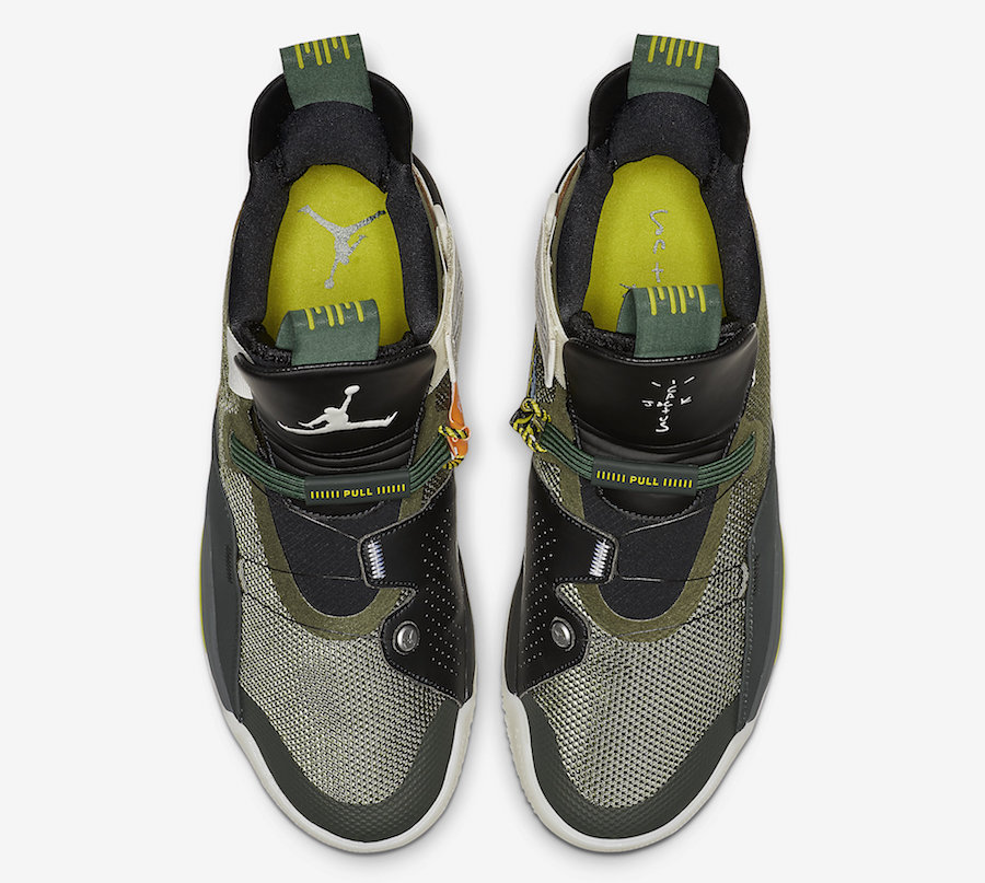 Air Jordan XXXIII Travis Scott CD5965-300 top-down view showing tongue branding