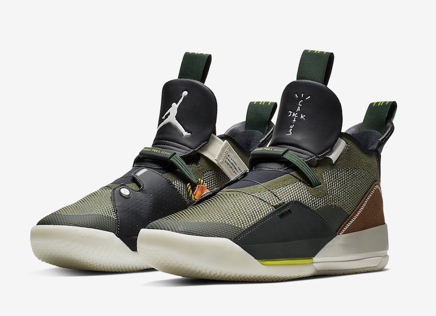 Air Jordan XXXIII Travis Scott CD5965-300 heel panel with Ale Brown suede