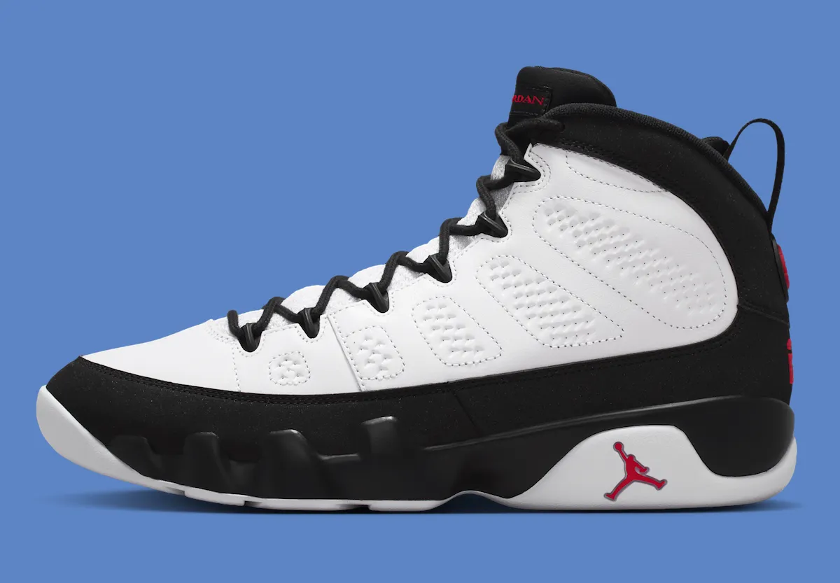 Air Jordan 9 OG Space Jam white leather upper with black nubuck mudguard