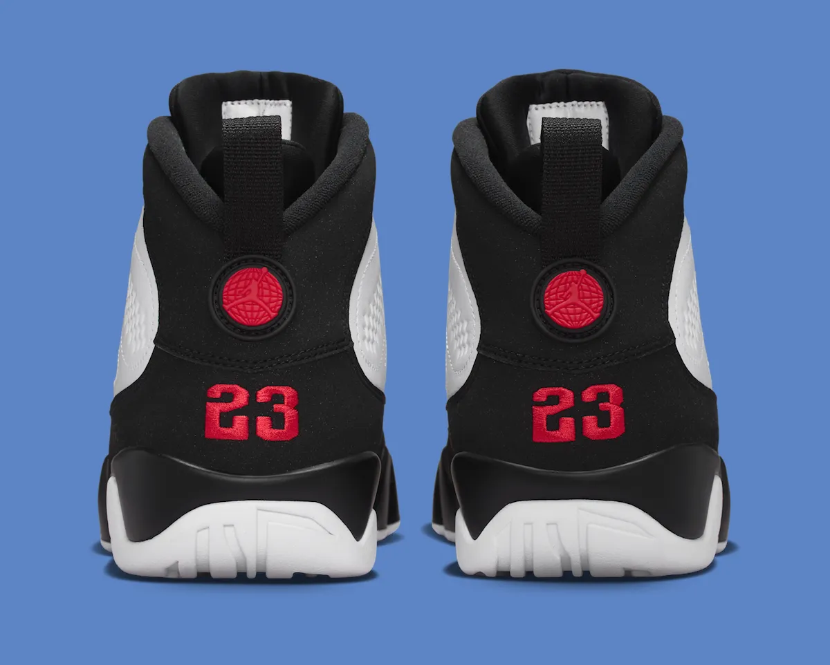 Air Jordan 9 Space Jam side angle showing white leather and black nubuck