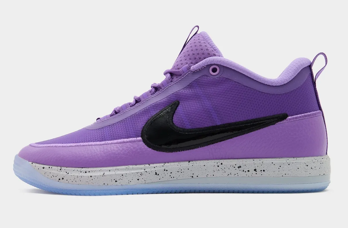 Nike Book 2 Be Legendary showing purple tumbled leather and black patent Swoosh