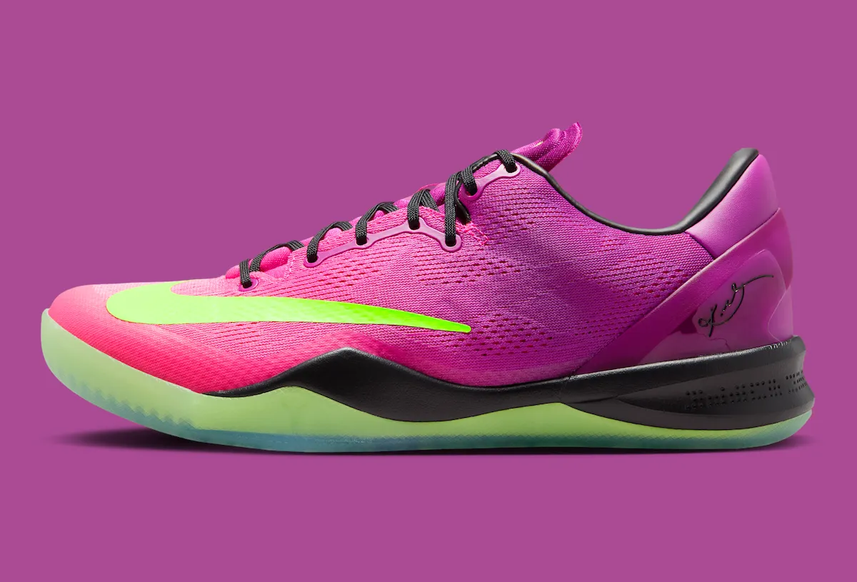 Kobe 8 Protro Mambacurial side view showing gradient upper and green Swoosh