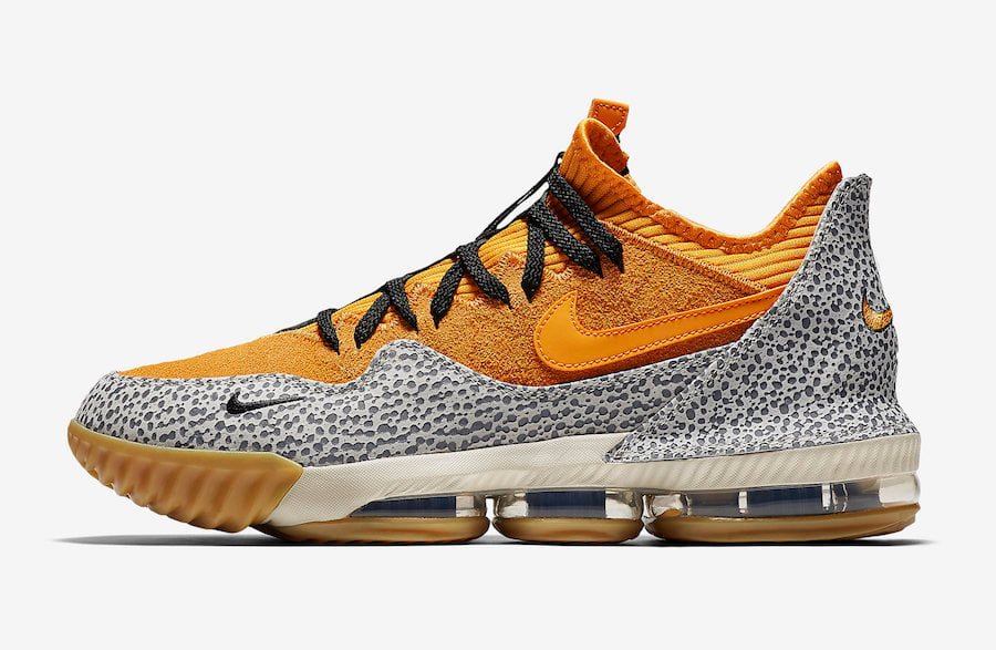 Nike LeBron 16 Low Safari side profile showing safari print and suede upper