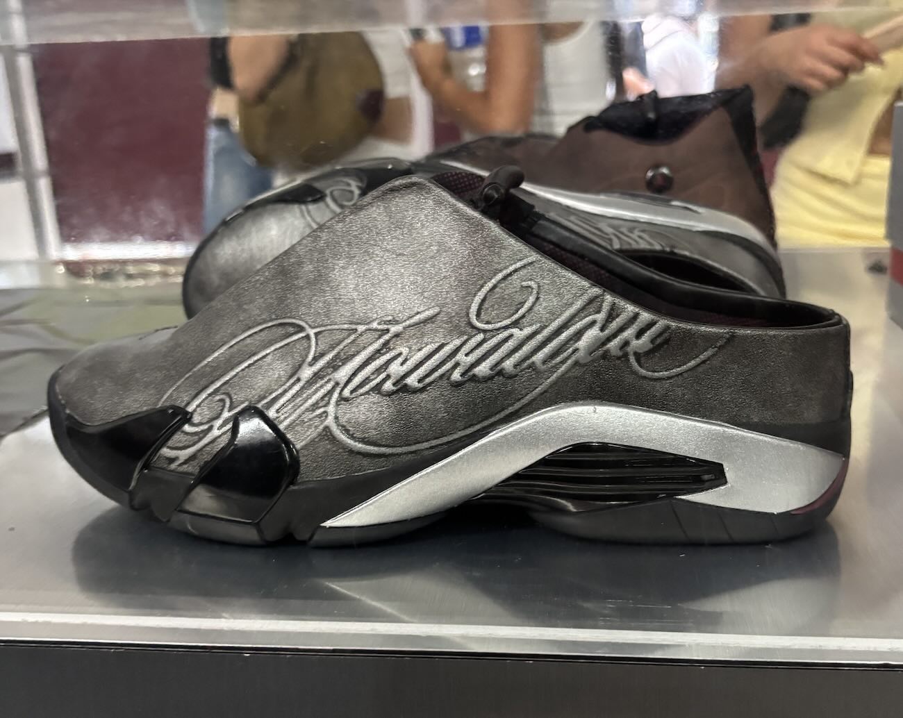 Mowalola Air Jordan 14 detailed view of leather texture and etching