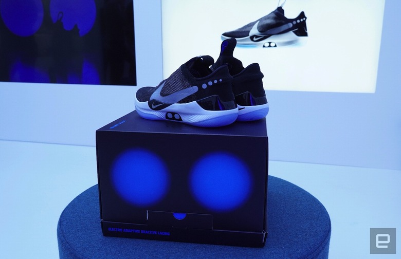 Nike Adapt BB self-lacing sneakers on display box blue lighting