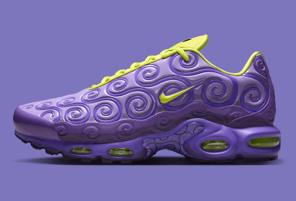 One Piece x Nike Air Max Plus Gomu Gomu purple upper with raised swirl patterns