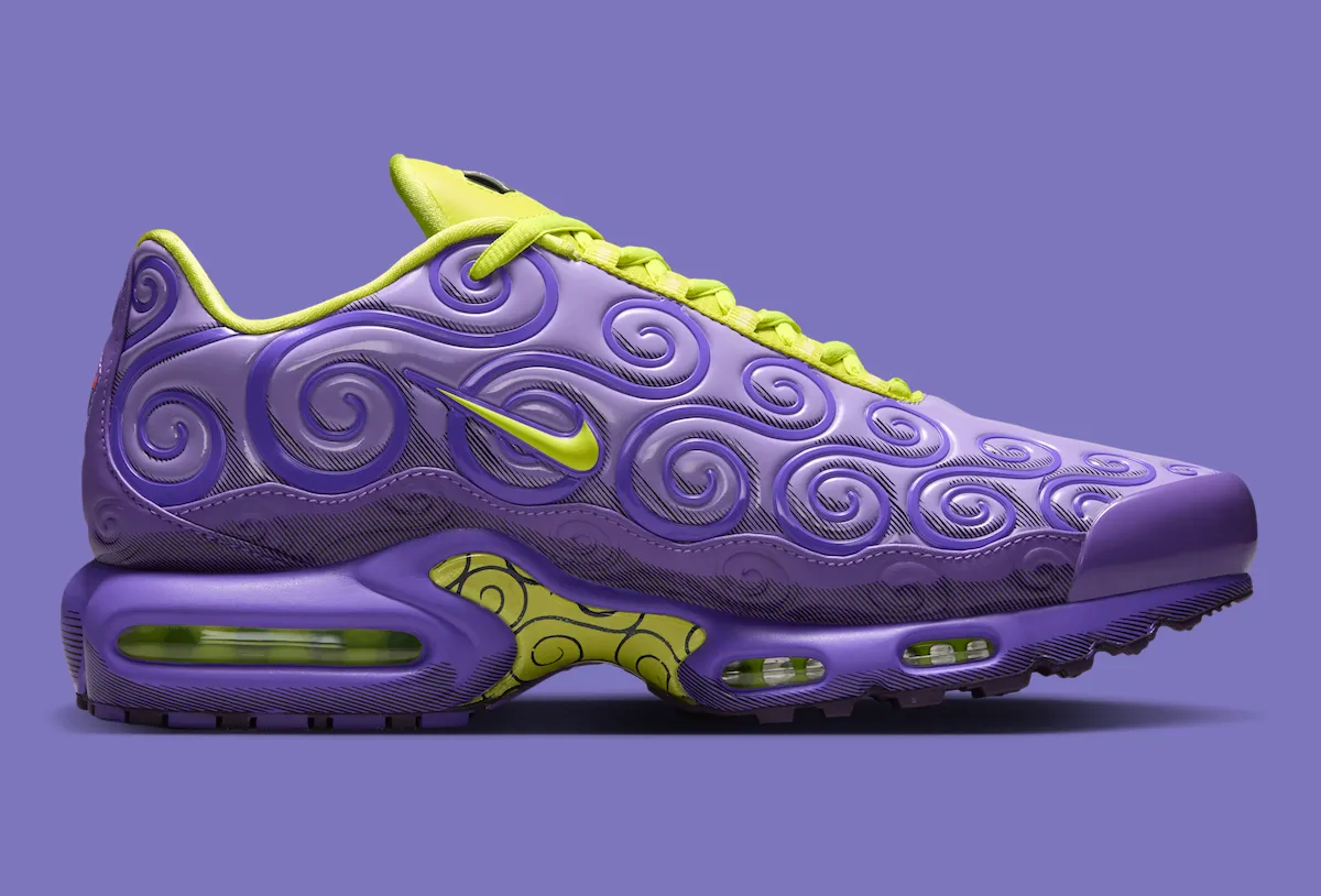 One Piece x Nike Air Max Plus Gomu Gomu detail showing raised swirl texture on purple upper