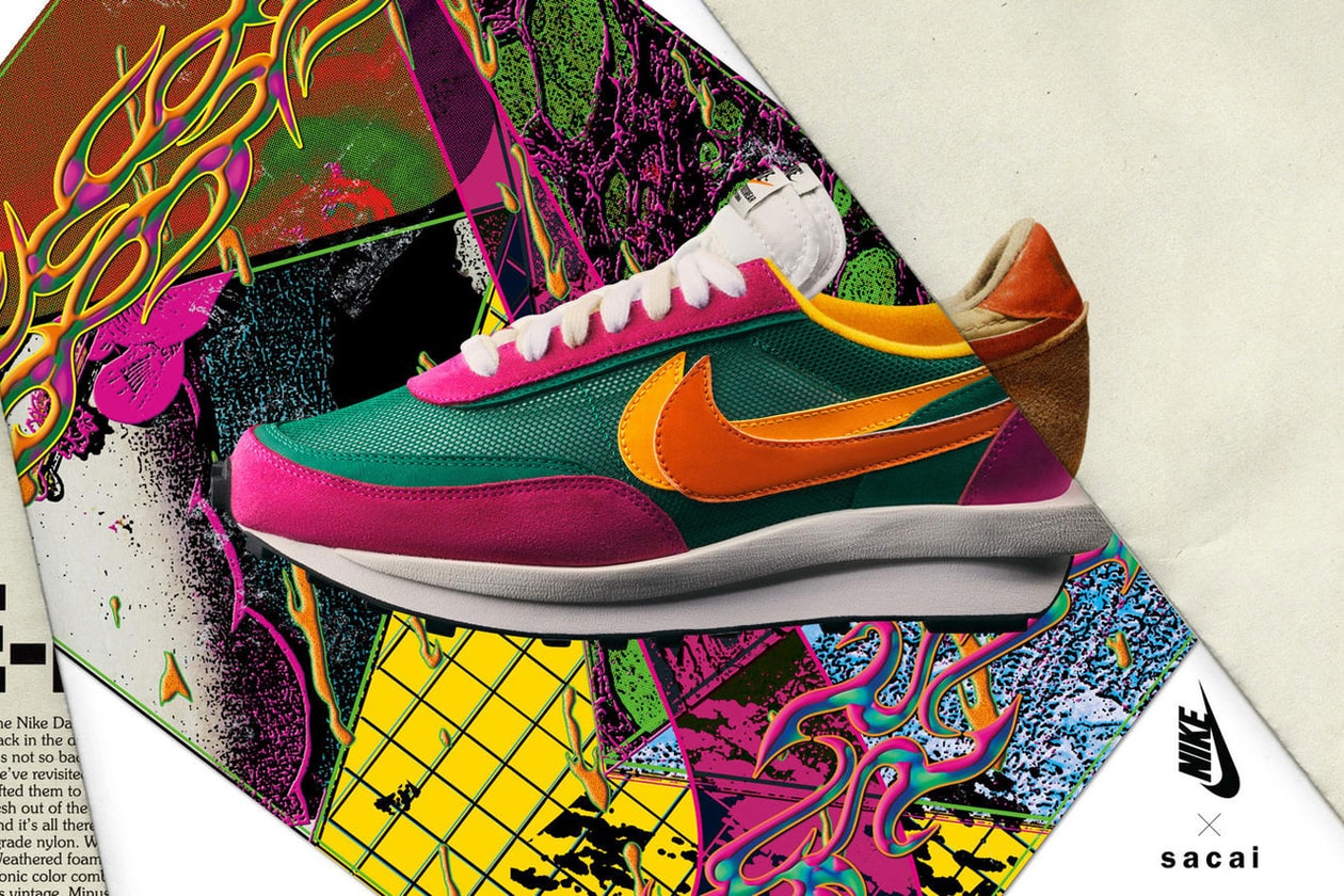 sacai x Nike LDWaffle Pine Green orange suede overlays