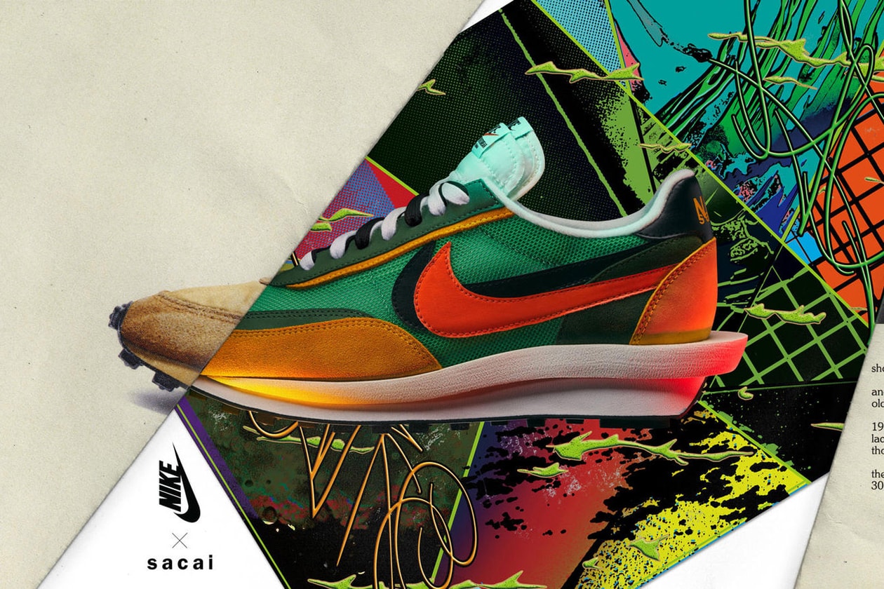 sacai x Nike LDWaffle Green Gusto yellow orange colorway