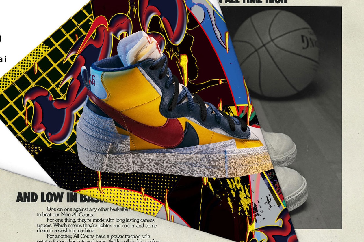 sacai x Nike Blazer Mid Yellow Navy Red color blocked leather