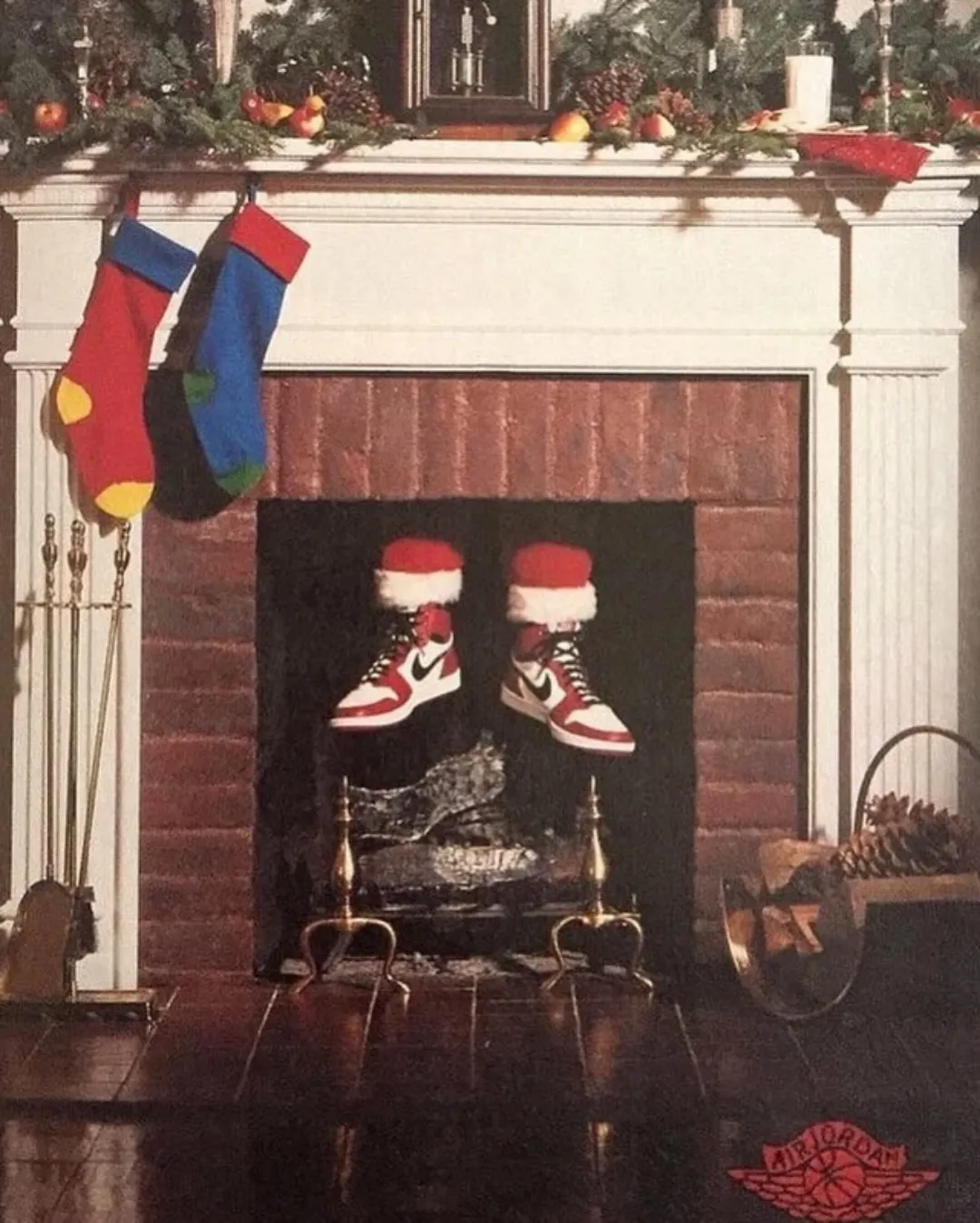 Vintage Nike Christmas ad with Santa in chimney wearing Air Jordan 1
