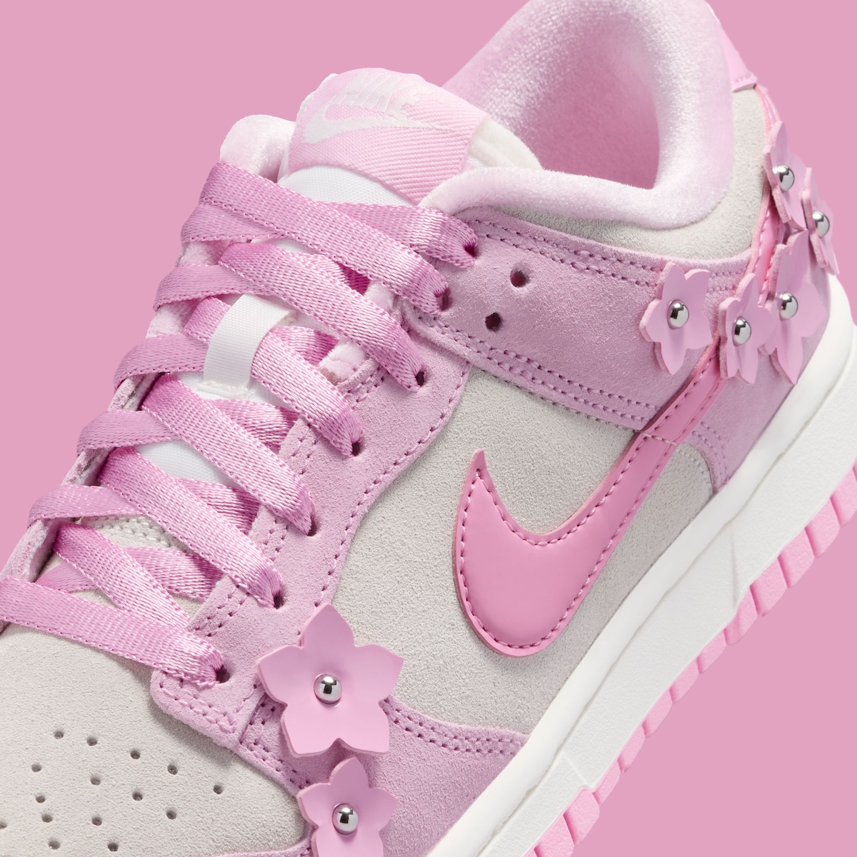 Nike Dunk Low Pink Flowers satin ribbon laces close up