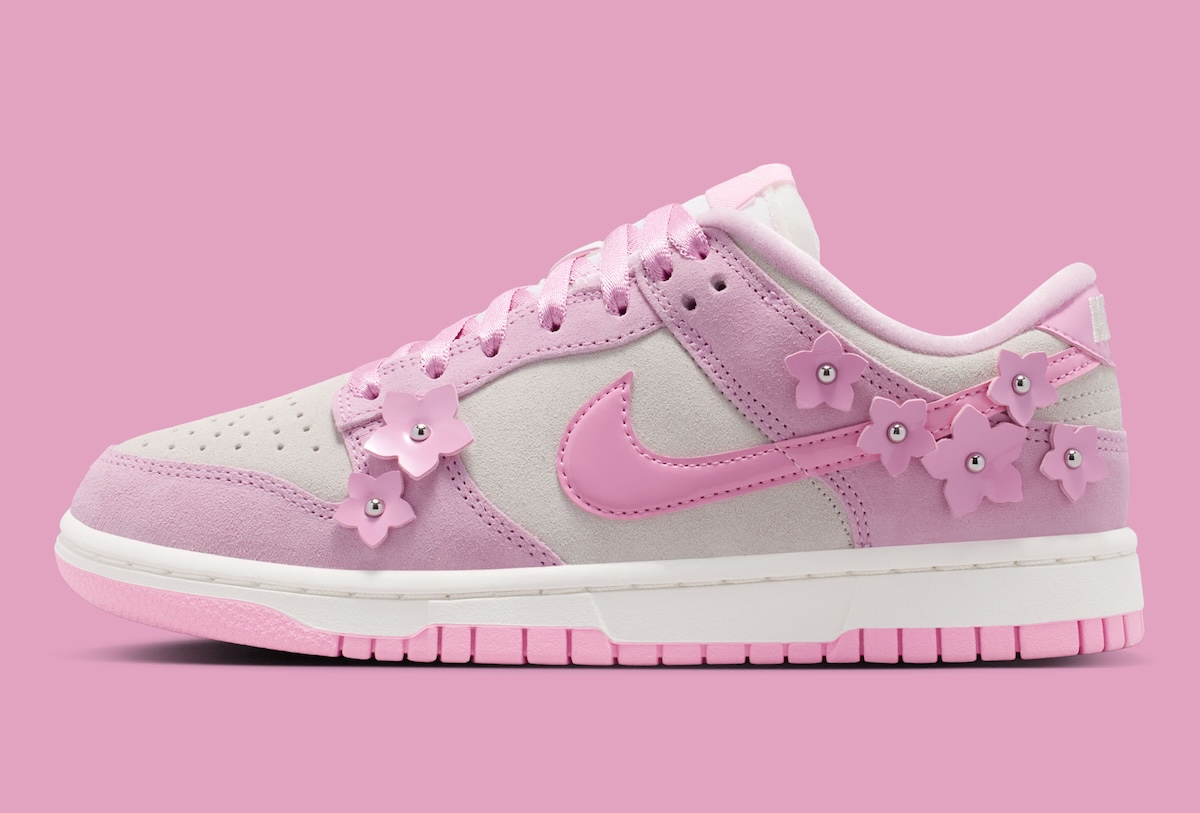Nike Dunk Low Pink Flowers full pair on feet lifestyle shot