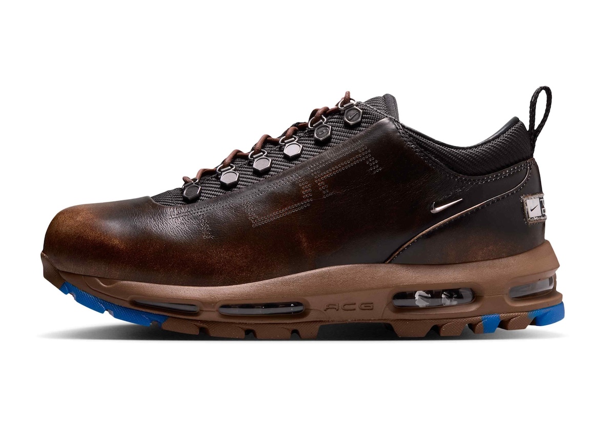 TDR x Nike Air Max Goadome Low close up of brown leather upper with distressed edges