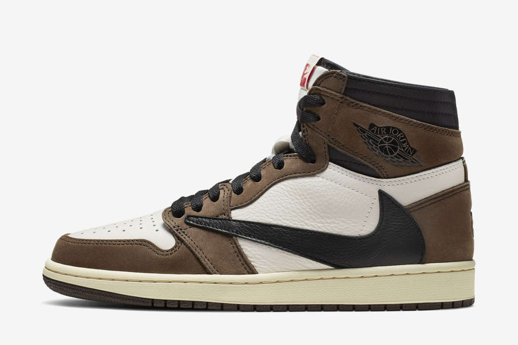 Travis Scott x Air Jordan 1 Retro High OG lateral reversed swoosh close up