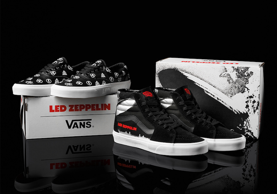 Vans x Led Zeppelin SK8-Hi and Era collection display on custom shoeboxes