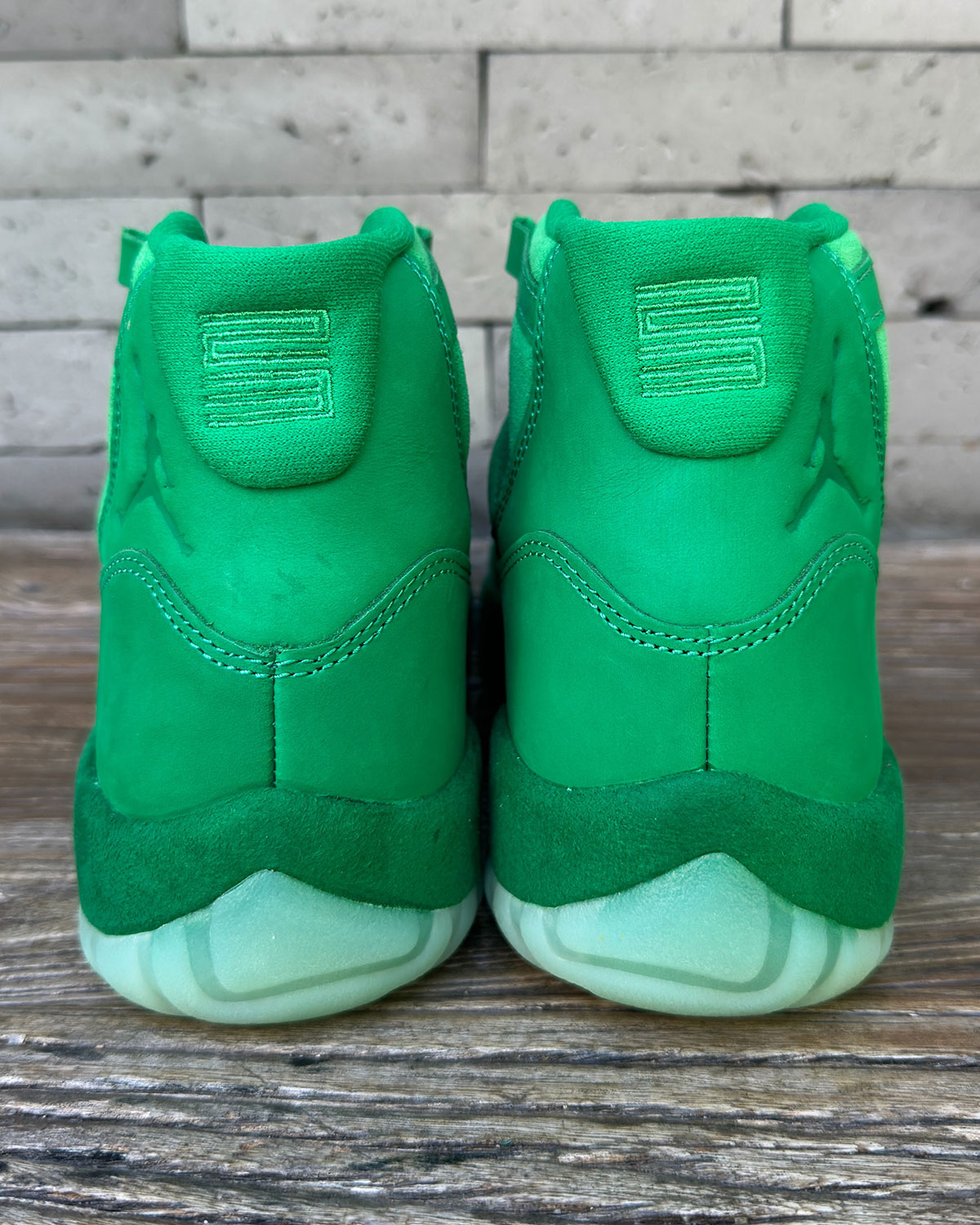 Air Jordan 11 Green Screen IQ5700-900 side profile showing all-green suede upper